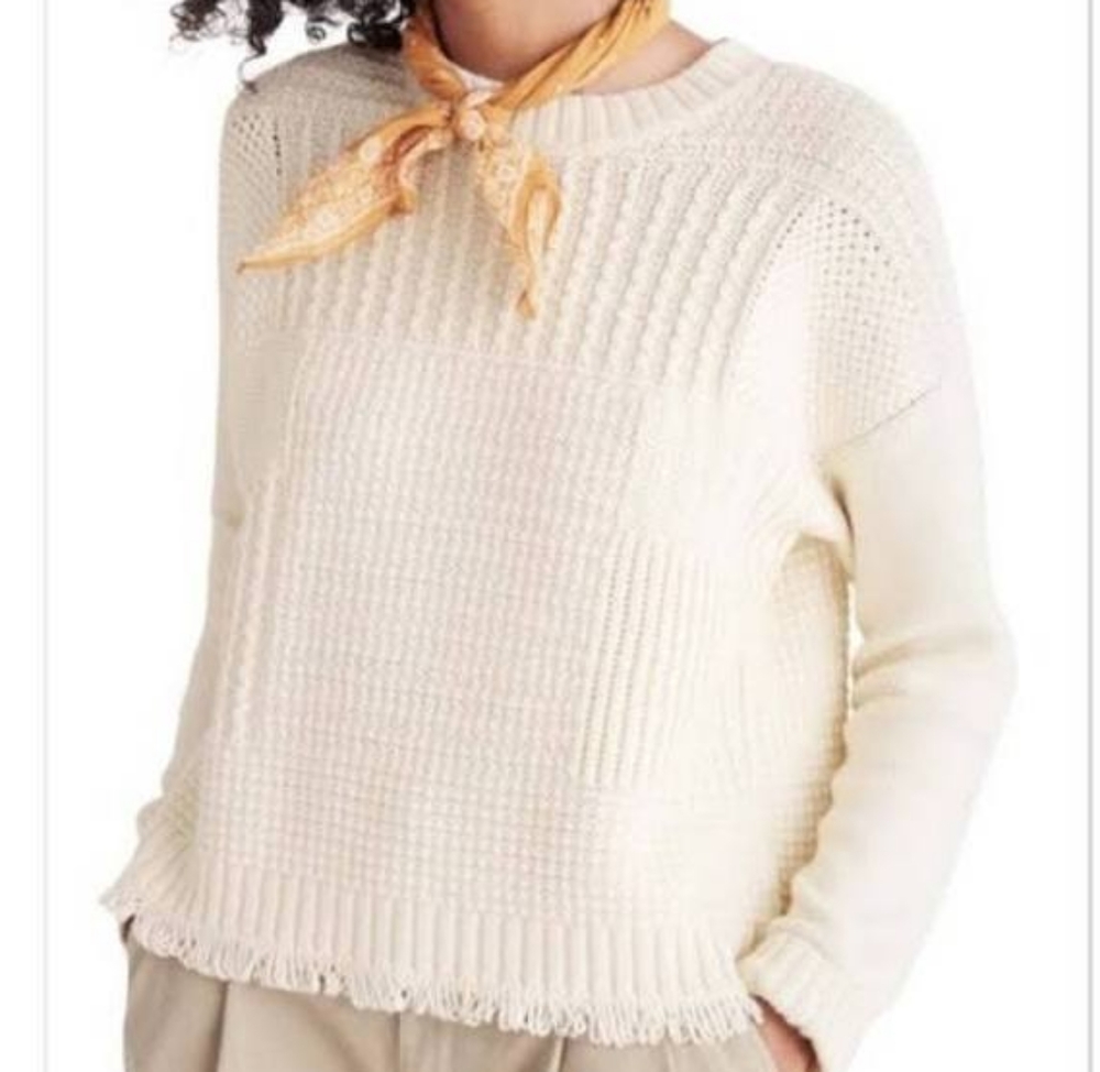 Madewell Cream Colored Merino Wool Stitchmix Crew Neck Raw Hem Pullover Sweater